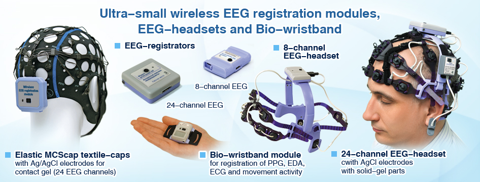 Ultra-small wireless EEG registration modules, EEG-headsets and Bio-wristband